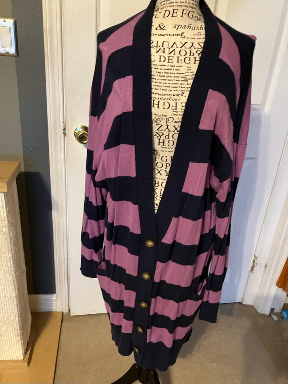 Oversized Striped Button-Front Cardigan Sweater - Purple/Black